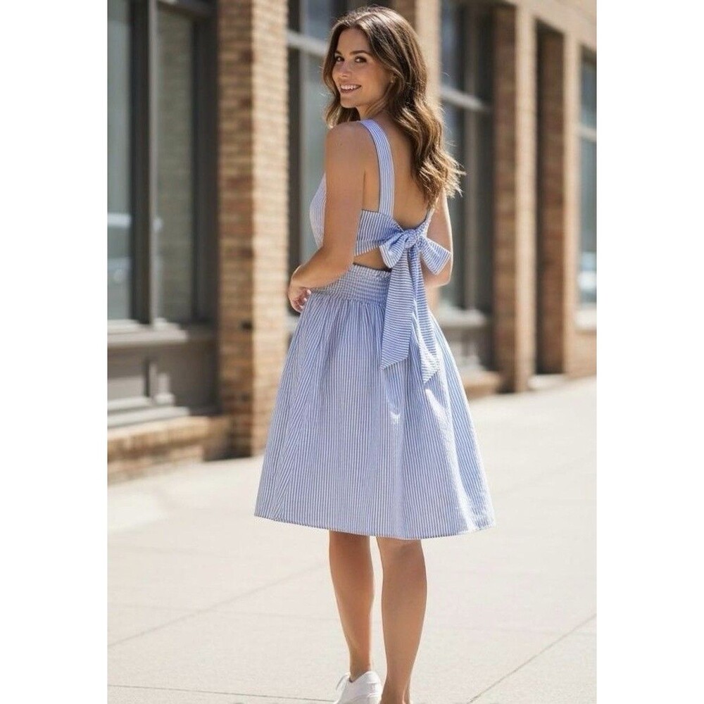 J Crew Seersucker Sundress Womens L Blue White Bow Back Mini Coastal Cottage NEW
